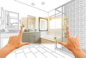 Best builder in NJ helps with floor plans like this image of a bathroom in a sketch plan with the area between fingers help up in full color