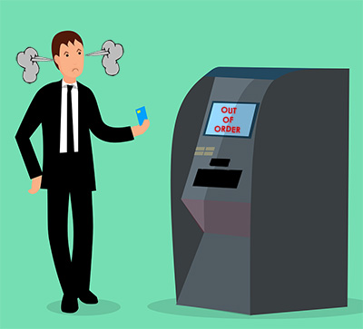 Cartoon of an agry customer standing in front of an out-of-order ITM not serviced by a good NCR ITM service company